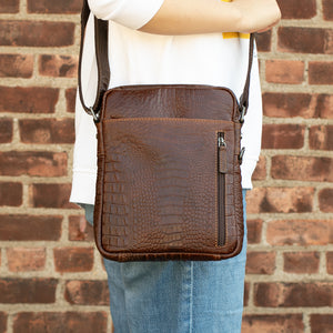 Hornback Croco Slim Crossbody w/Zippered Front Pocket #HB213 Lifestyle (Brown)