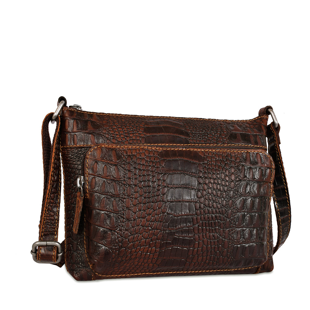 BRICK Crocodile Hornback Leather Sling Bag, Matte Brown, Size 18 cm 