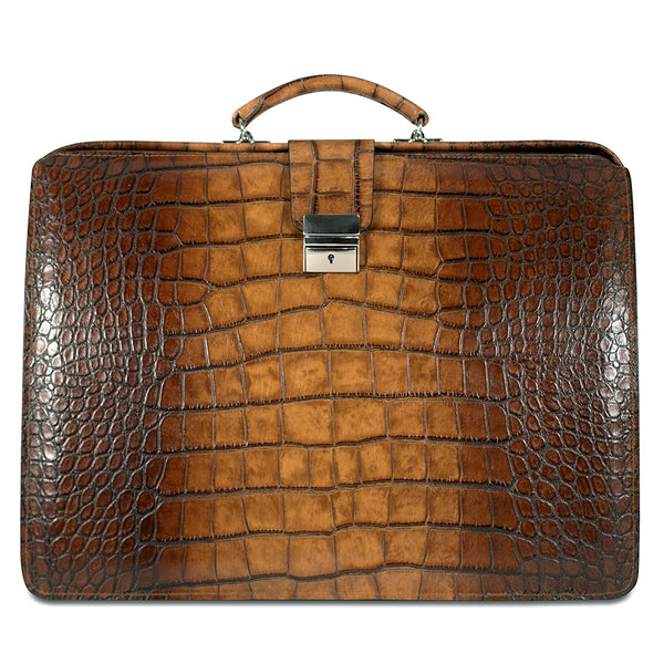 Hand Brushed Croco Double Gusset Top Zip Briefcase #K202